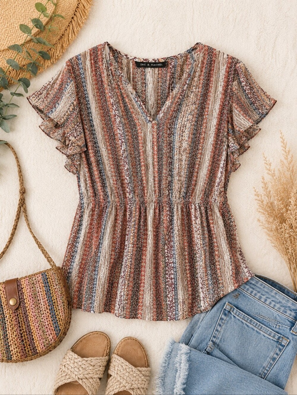 Zac & Rachel Boho Paisley Stripe Flutter Blouse L